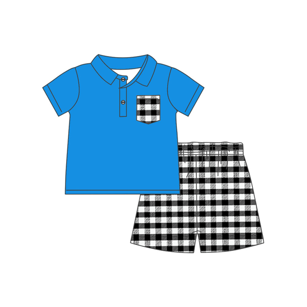(Pre-order)BSSO1056 Blue Pocket Polo Top Plaid Shorts Boys Summer Clothes Set