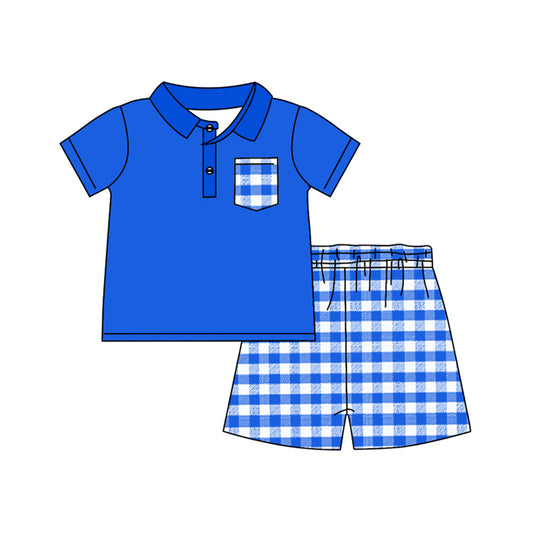 (Pre-order)BSSO1057 Blue Pocket Polo Top Plaid Shorts Boys Summer Clothes Set