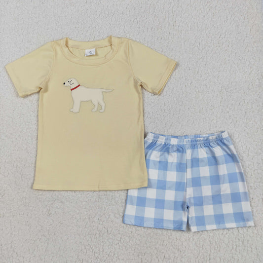 BSSO1058 Dog Embroidery Yellow Top Plaid Shorts Boys Summer Clothes Set