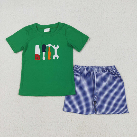 BSSO1066 Tool Embroidery Green Top Plaid Shorts Boys Summer Clothes Set