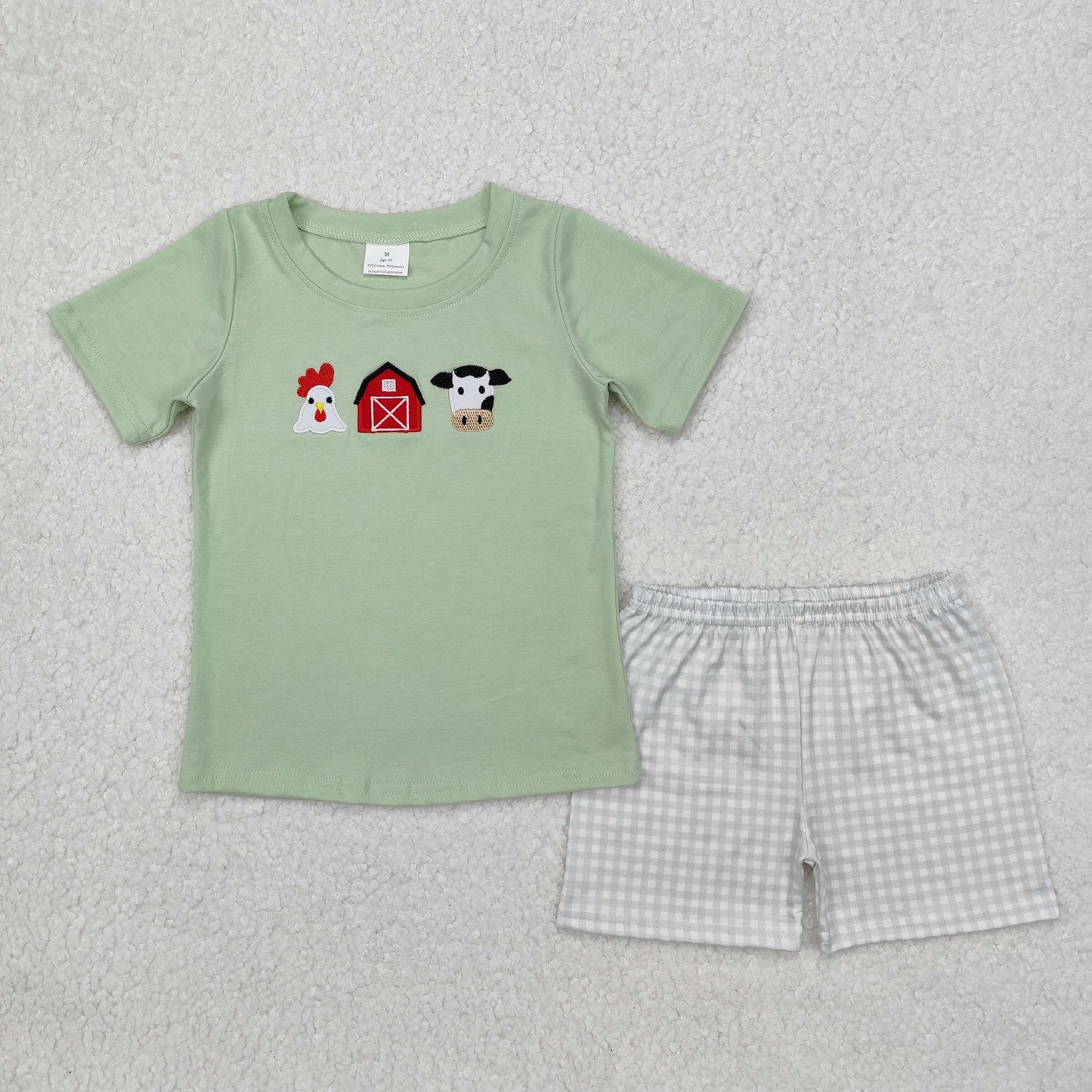 Chicken Cow Farm Embroidery Plaid Print Sibling Summer Matching Clothes