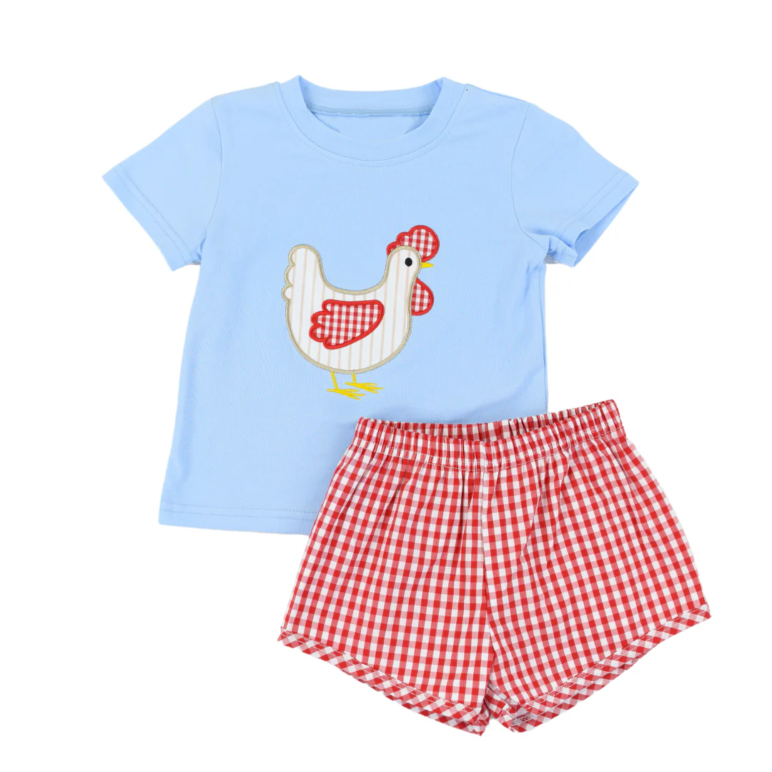 (Pre-order)BSSO1068 Chicken Blue Top Plaid Shorts Boys Easter Clothes Set