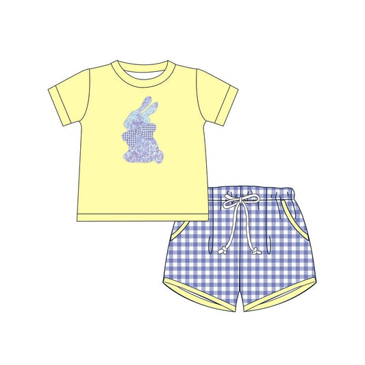 (Pre-order)BSSO1069 Bunny Yellow Top Plaid Shorts Boys Easter Clothes Set