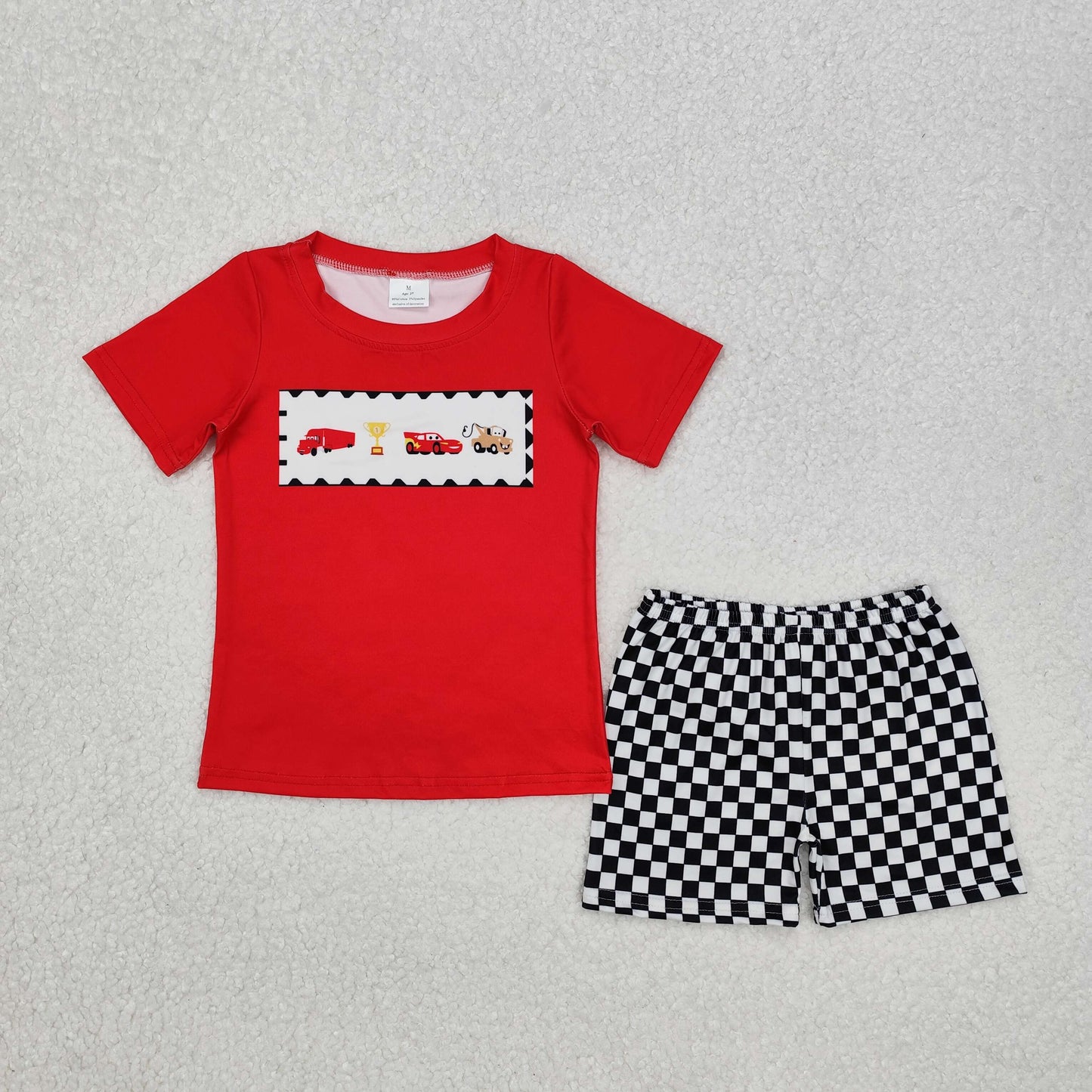 Cartoon Cars Black Plaid Print Brothers Summer Matching Clothes