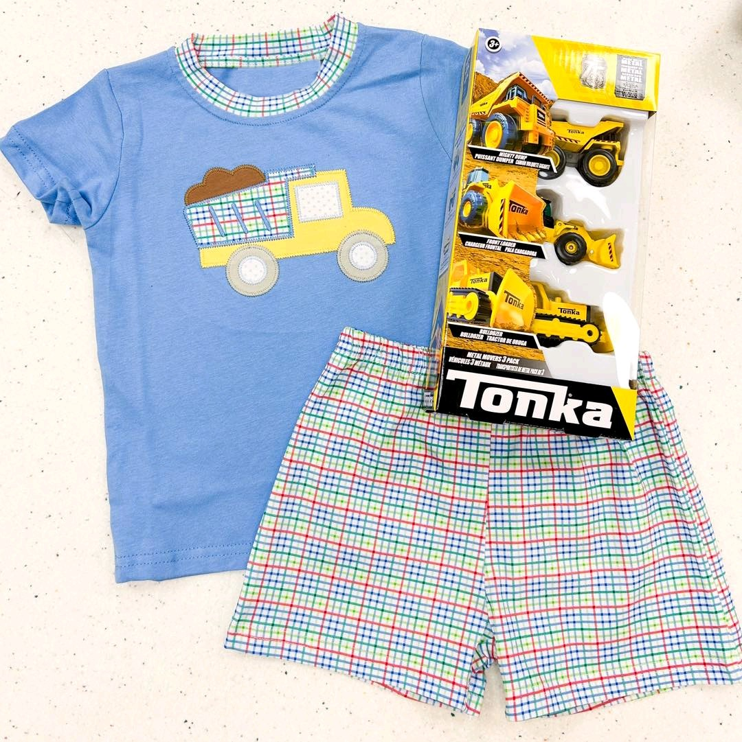 (Pre-order)BSSO1088 Dump Truck Blue Top Plaid Shorts Boys Summer Clothes Set