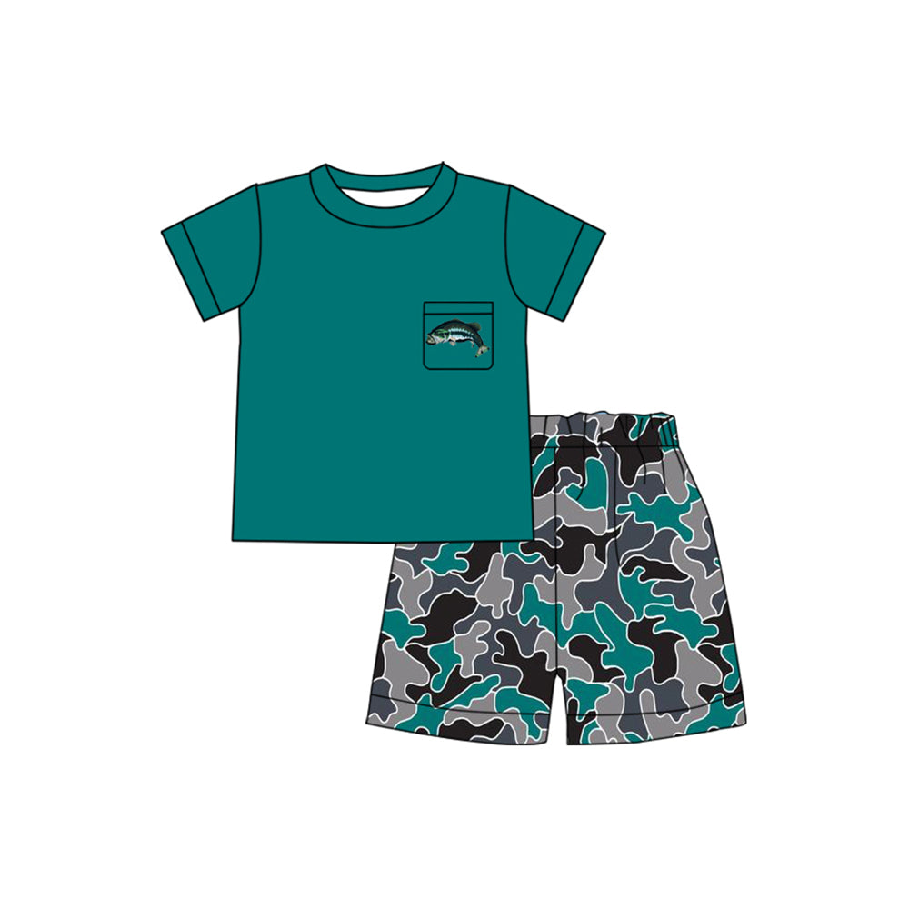 (Pre-order)BSSO1091 Green Fish Pocket Top Camo Shorts Boys Summer Clothes Set
