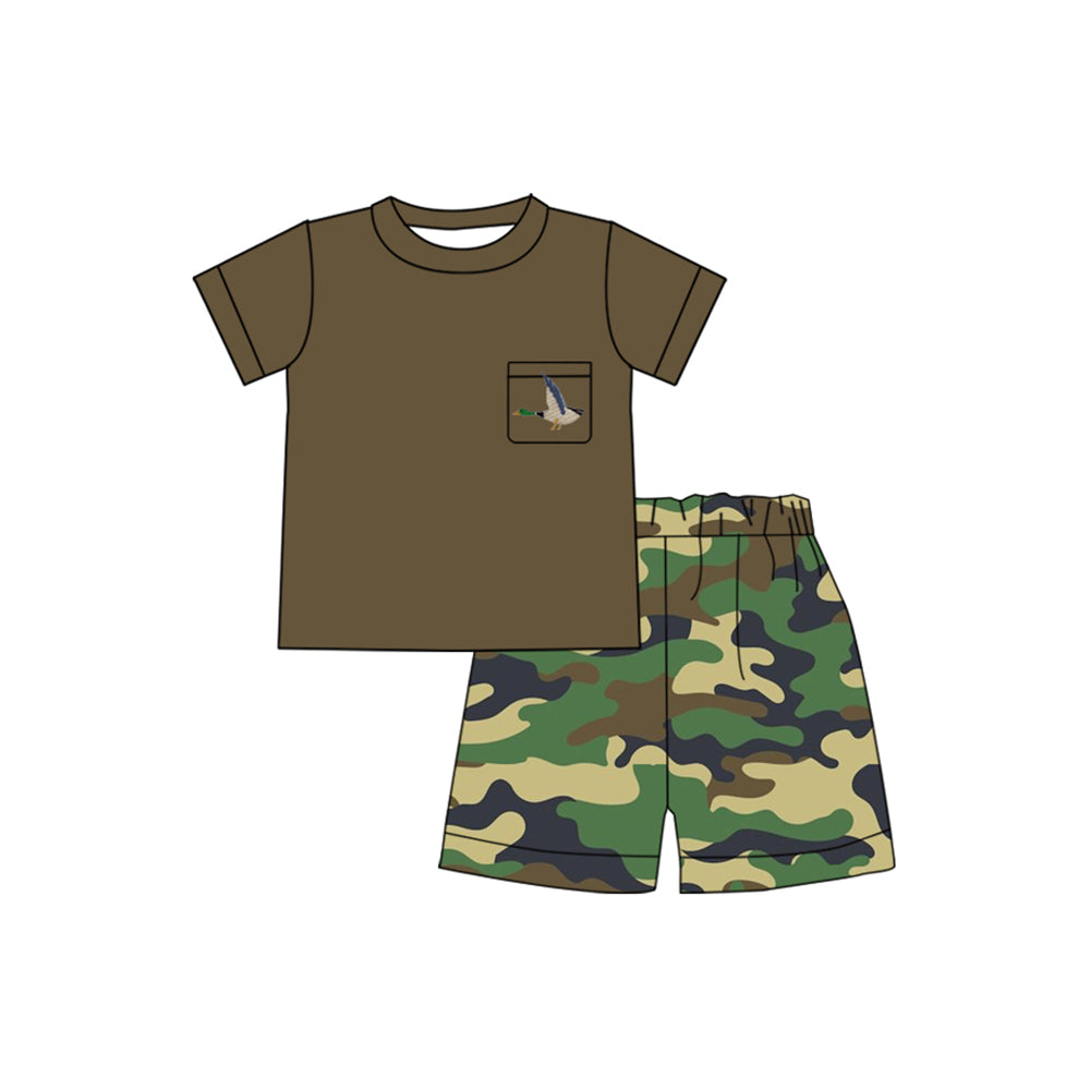 (Pre-order)BSSO1092 Brown Duck Pocket Top Camo Shorts Boys Summer Clothes Set