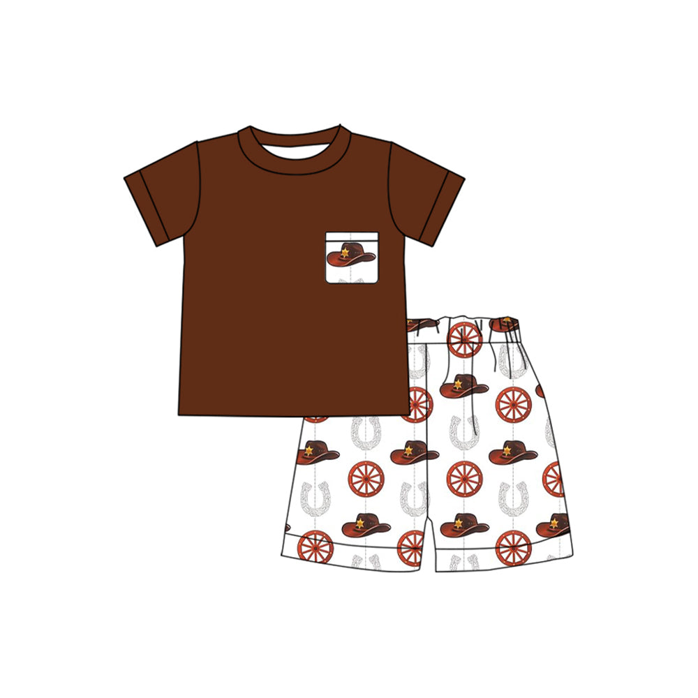 (Pre-order)BSSO1093 Brown Pocket Top Hat Shorts Boys Summer Western Clothes Set
