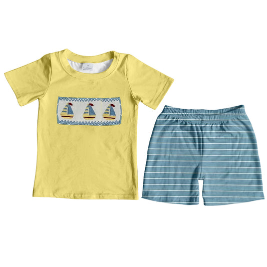 (Pre-order)BSSO1095 Sailboat Yellow Top Stripes Shorts Boys Summer Clothes Set