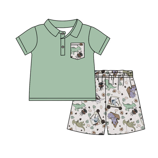 (Pre-order)BSSO1098 Green Pocket Polo Top Dino Golf Eggs Shorts Boys Easter Clothes Set