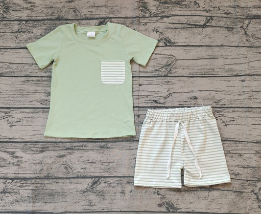 (Pre-order)BSSO1103 Green Pocket Top Stripes Shorts Boys Summer Clothes Set