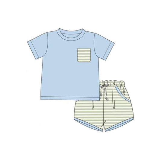 (Pre-order)BSSO1104 Blue Pocket Top Stripes Shorts Boys Summer Clothes Set