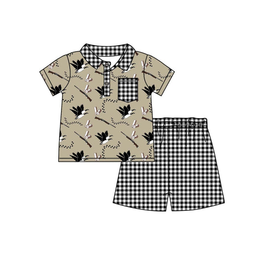 (Pre-order)BSSO1106 Duck Call Hunting Polo Top Plaid Shorts Boys Summer Clothes Set