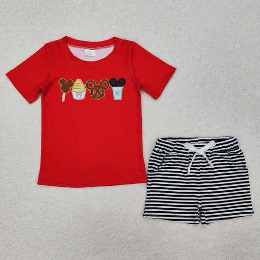 BSSO1110 Cartoon Mouse Cake Red Top Stripes Shorts Boys Summer Clothes Set