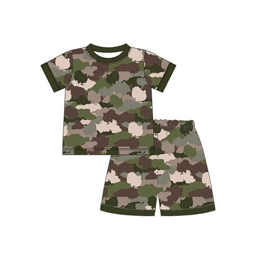 (Pre-order)BSSO1114 Green Camo Print Boys Summer Pajamas Clothes Set