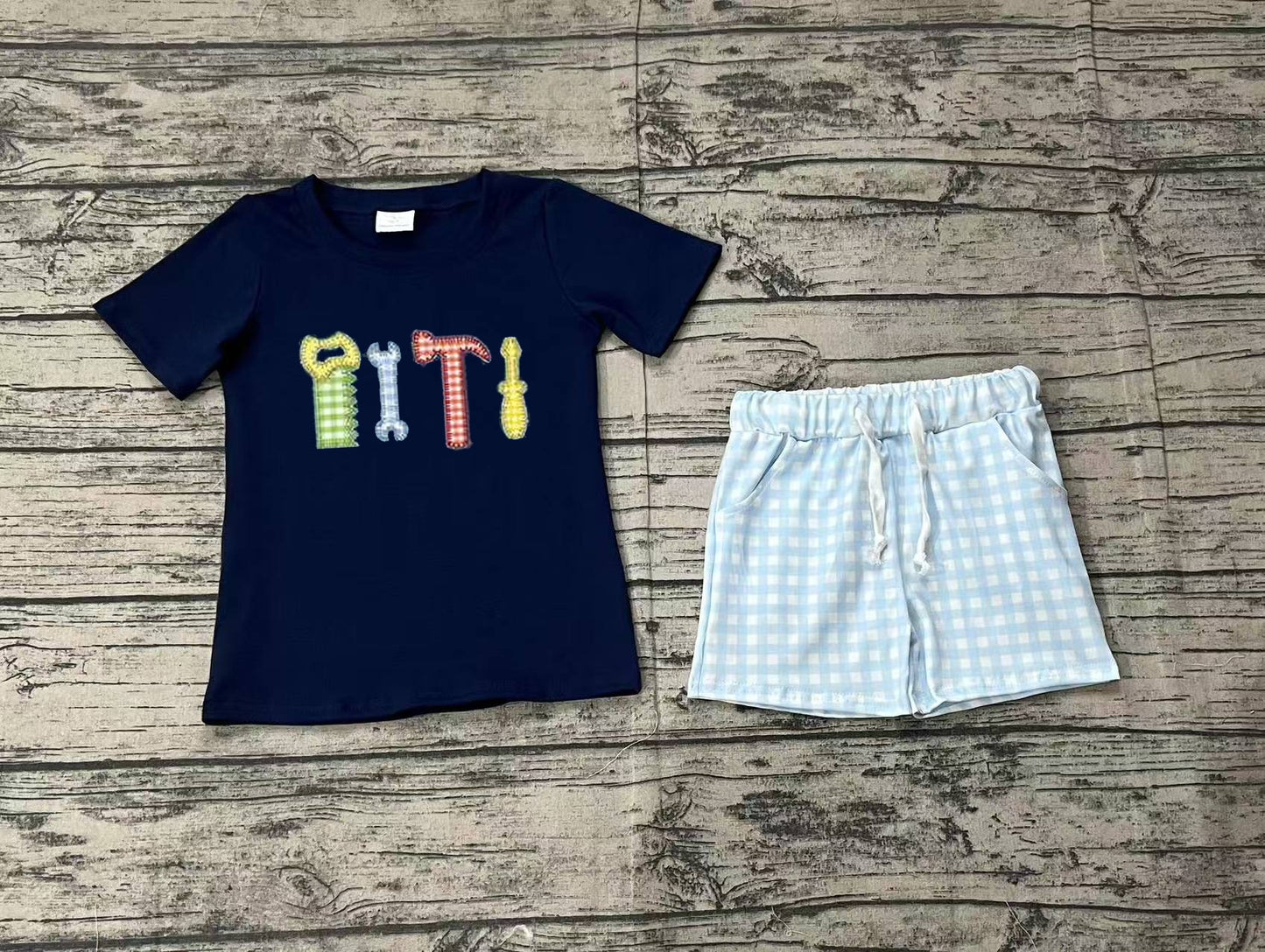 (Pre-order)BSSO1118 Tool Navy Top Plaid Shorts Boys Summer Clothes Set