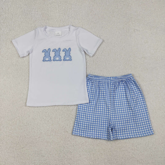 BSSO1123 Bunny Embroidery White Top Blue Plaid Shorts Boys Easter Clothes Set