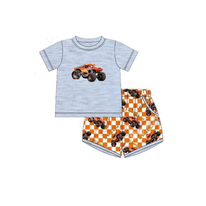 (Pre-order)BSSO1125 Monster Trucks Grey Top Plaid Shorts Boys Summer Clothes Set