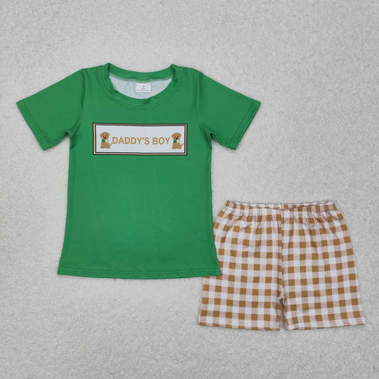 BSSO1131 Daddy's Boy Dog Green Top Plaid Shorts Boys Summer Clothes Set