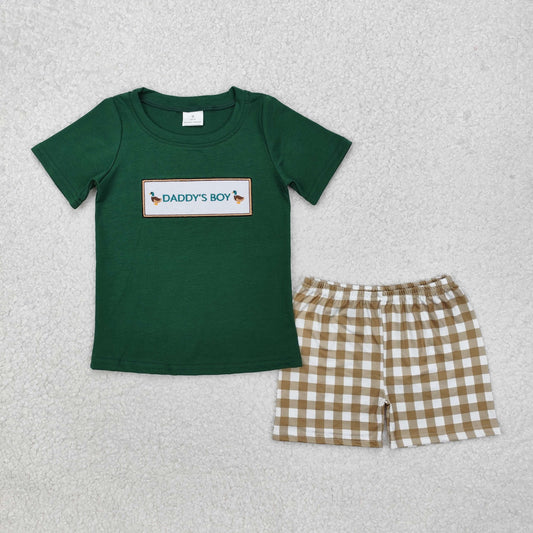 BSSO1132 Daddy's Boy Duck Embroidery Green Top Plaid Shorts Boys Summer Clothes Set