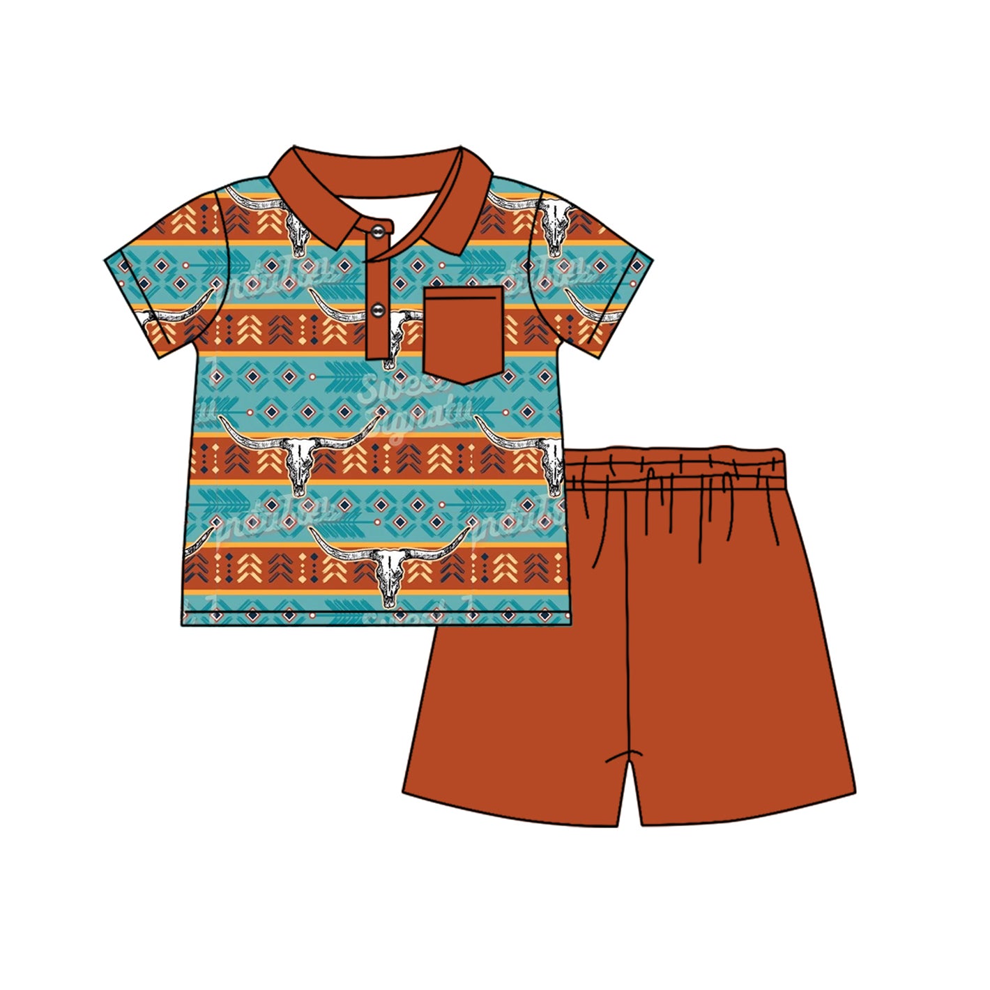 (Pre-order)BSSO1138 Cow Skull Aztec Western Pocket Polo Top Brown Shorts Boys Summer Clothes Set