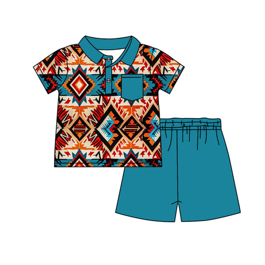 (Pre-order)BSSO1141  Aztec Western Polo Top Blue Shorts Boys Summer Clothes Set