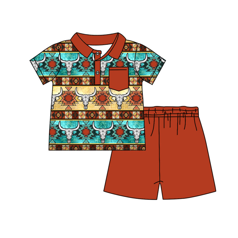 (Pre-order)BSSO1142  Aztec Western Polo Top Brown Shorts Boys Summer Clothes Set