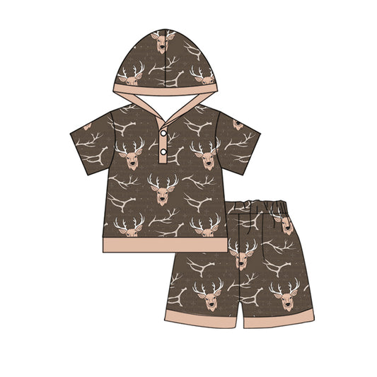 (Pre-order)BSSO1146 Deer Brown Hoodie Top Shorts Boys Summer Clothes Set