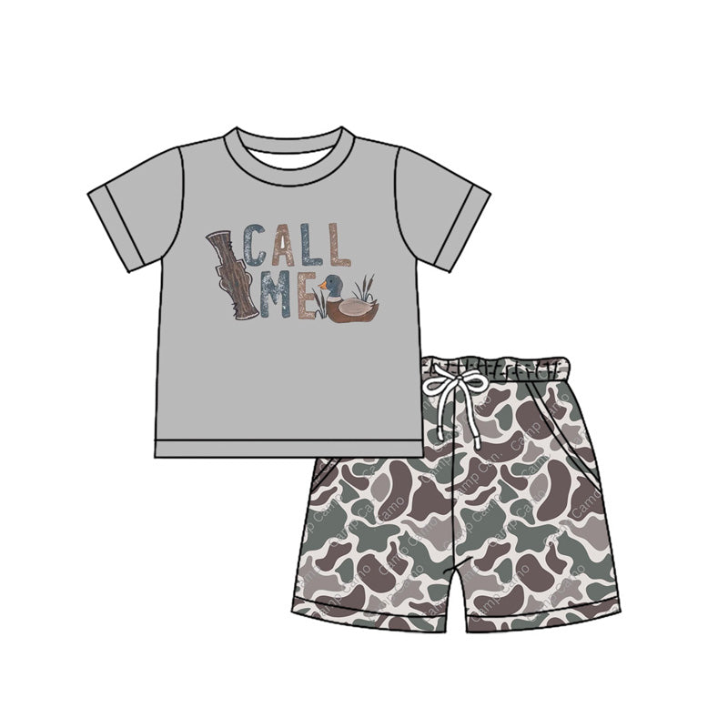 (Pre-order)BSSO1151 Call Me Duck Grey Top Camo Shorts Boys Summer Clothes Set