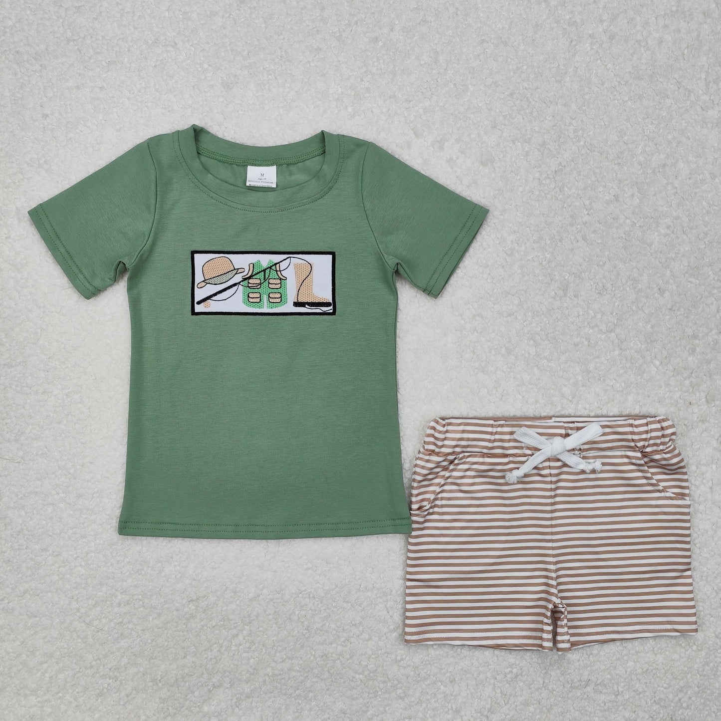 BSSO1154 Go Fishing Embroidery Green Top Stripes Shorts Boys Summer Clothes Set