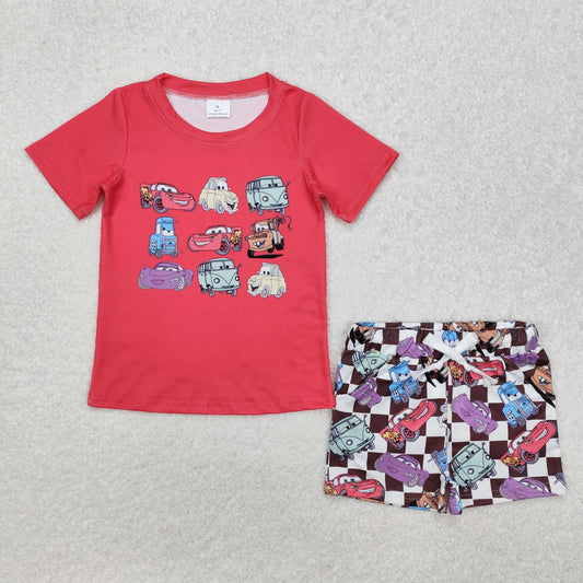 BSSO1159 Cartoon Cars Red Top Plaid Shorts Boys Summer Clothes Set