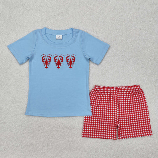 BSSO1161 Crayfish Embroidery Blue Top Plaid Shorts Boys Summer Clothes Set