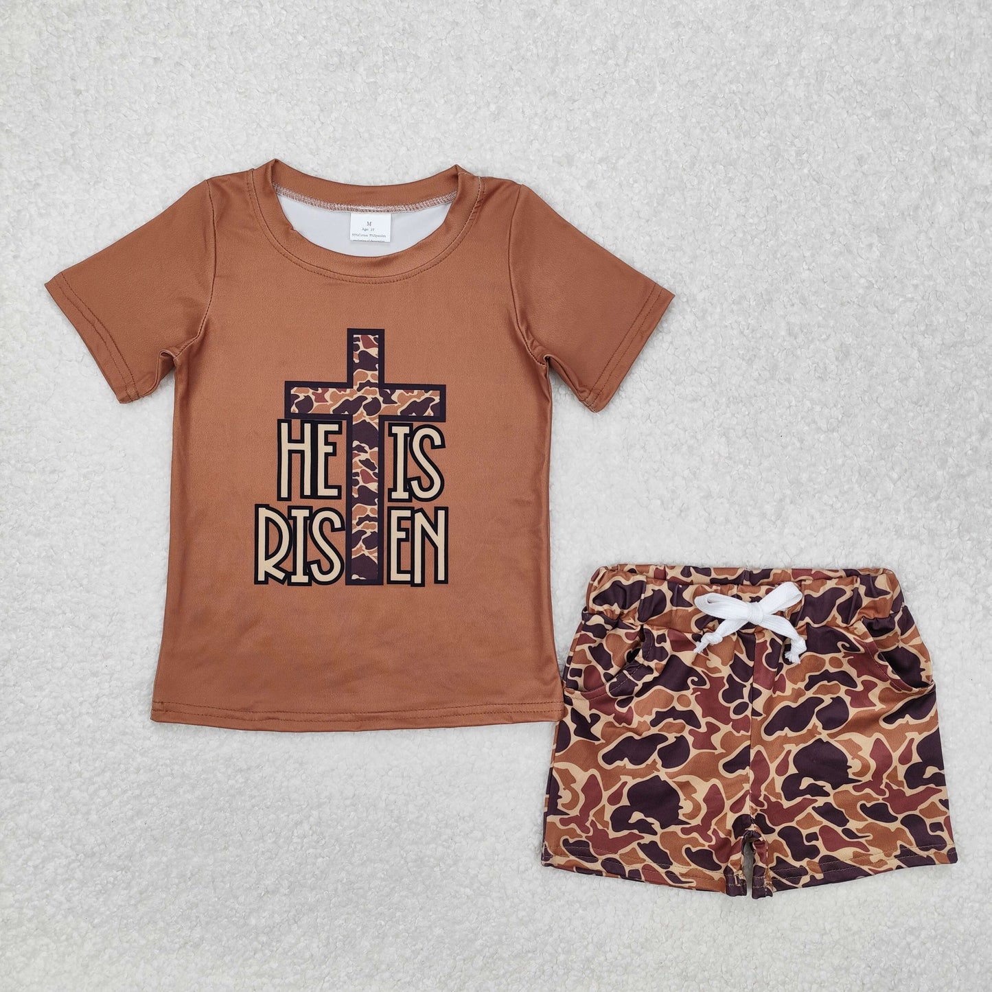 BSSO1162 HE IS RISEN Cross Brown Top Camo Shorts Boys Easter Clothes Set