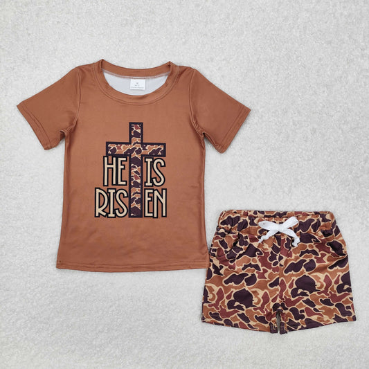 BSSO1162 HE IS RISEN Cross Brown Top Camo Shorts Boys Easter Clothes Set