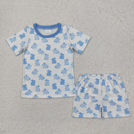 BSSO1163 Bunny Blue Print Boys Easter Pajamas Clothes Set