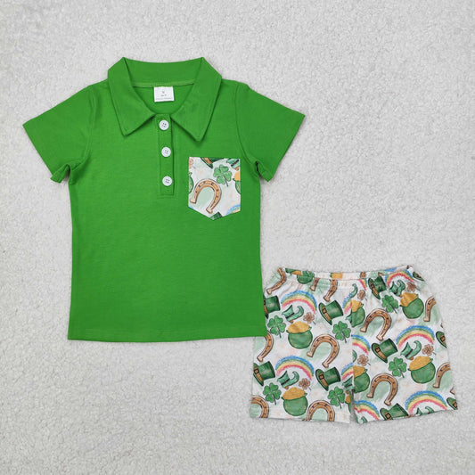 BSSO1165 Green Polo Top Gold Leaf Hat Boots Rainbow Shorts Boys St. Patrick's Day Clothes Set