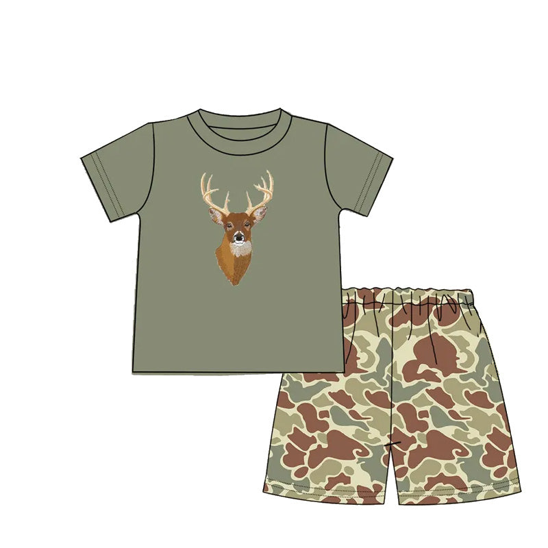(Pre-order)BSSO1168 Deer Top Brown Camo Shorts Boys Summer Clothes Set