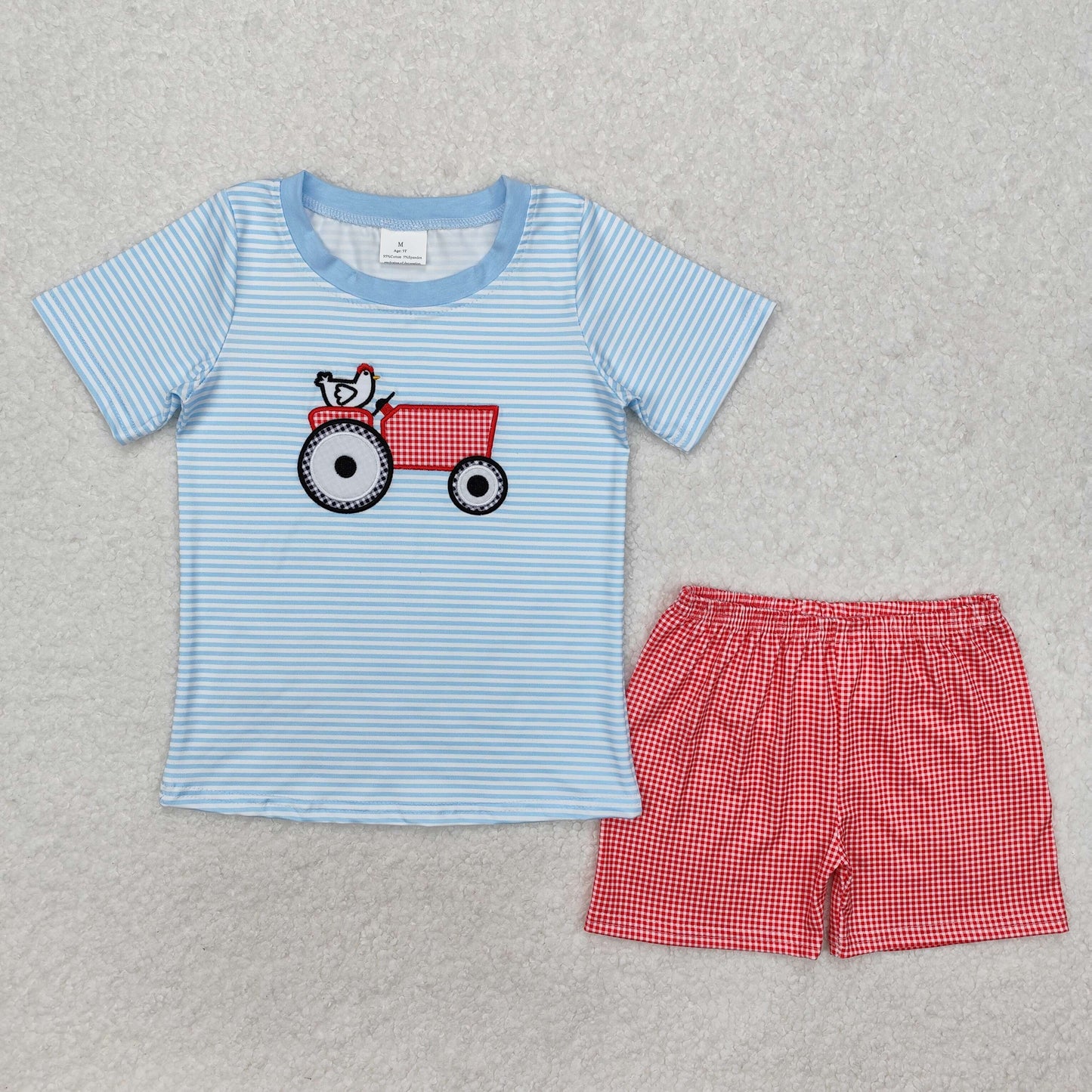 BSSO1172 Tractors Embroidery Blue Stripes Top Red Plaid Shorts Boys Summer Clothes Set