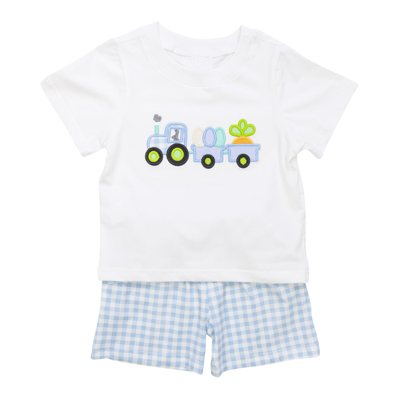 (Pre-order)BSSO1173 Tractors Eggs Carrot White Top Blue Plaid Shorts Boys Easter Clothes Set