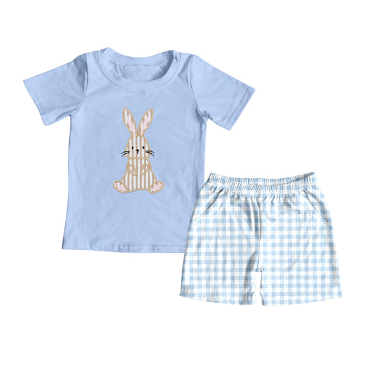 (Pre-order)BSSO1174 Bunny Blue Top Plaid Shorts Boys Easter Clothes Set