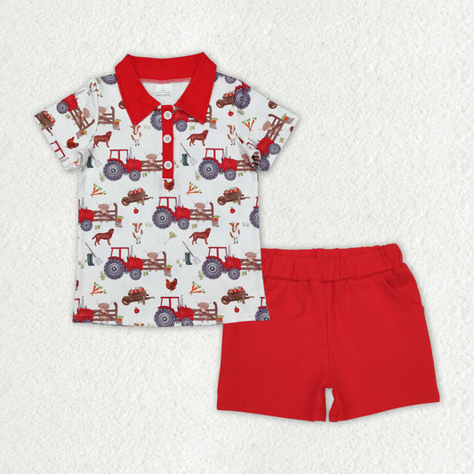 BSSO1178 Tractors Farm Polo Top Red Shorts Boys Summer Clothes Set