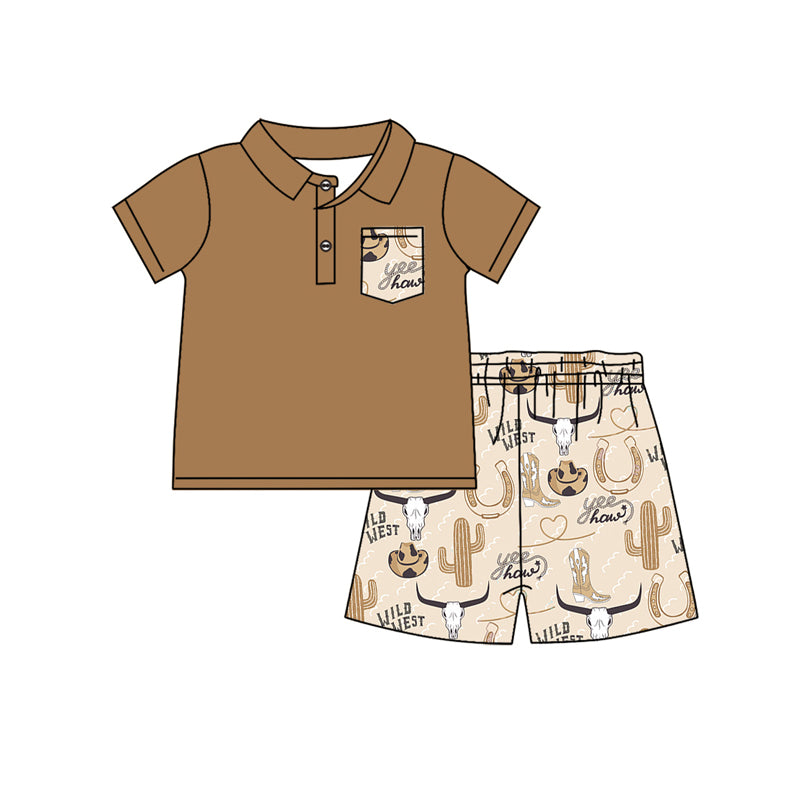 (Pre-order)BSSO1179 Brown Pocket Polo Top WILD WEST Western Shorts Boys Summer Clothes Set