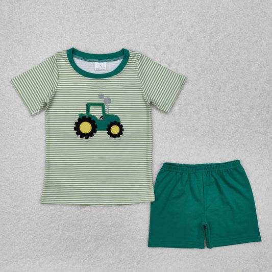 BSSO1184 Tractors Embroidery Stripes Top Green Shorts Boys Summer Clothes Set