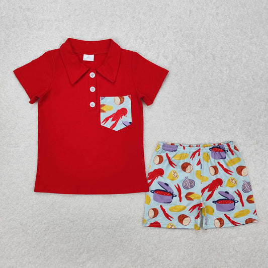 BSSO1188 Red Polo Top Crayfish Shorts Boys Summer Clothes Set