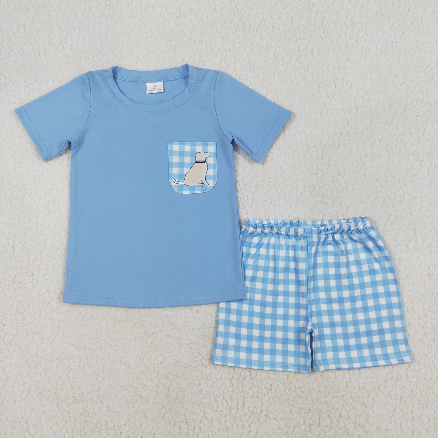 BSSO1190 Blue Dog Pocket Top Plaid Shorts Boys Summer Clothes Set