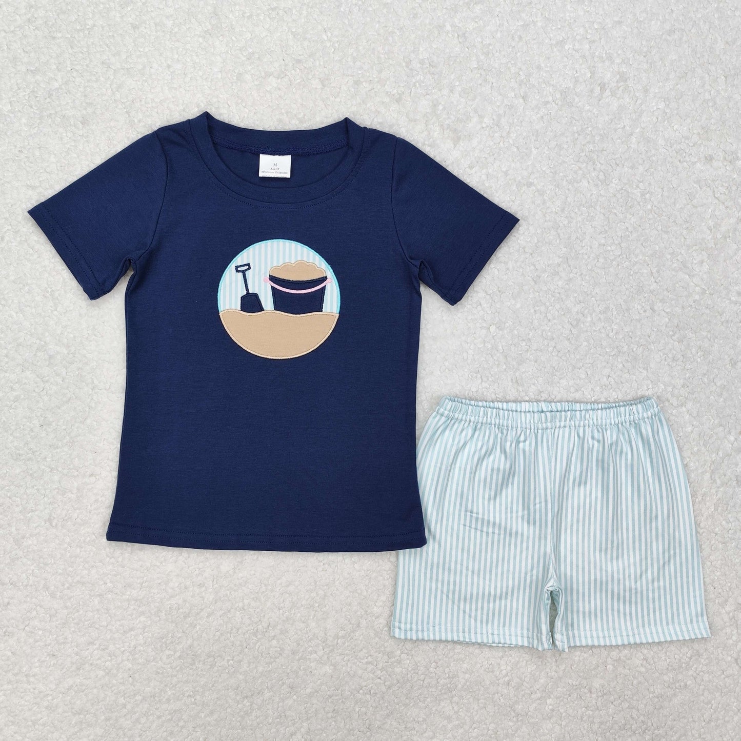 Beach Embroidery Top Stripes Shorts Kids Summer Clothes Set Sibling Wear