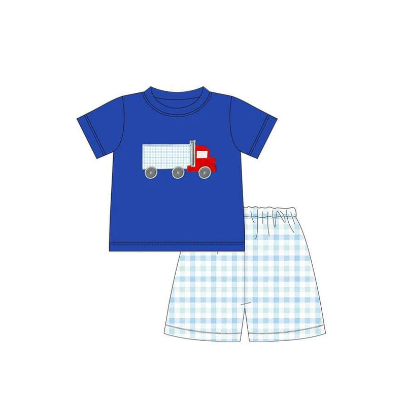 (Pre-order)BSSO1198 Dump Truck Blue Top Plaid Shorts Boys Summer Clothes Set