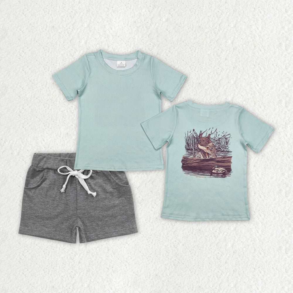 BSSO1199 Duck Hunting Green Top Grey Shorts Boys Summer Clothes Set