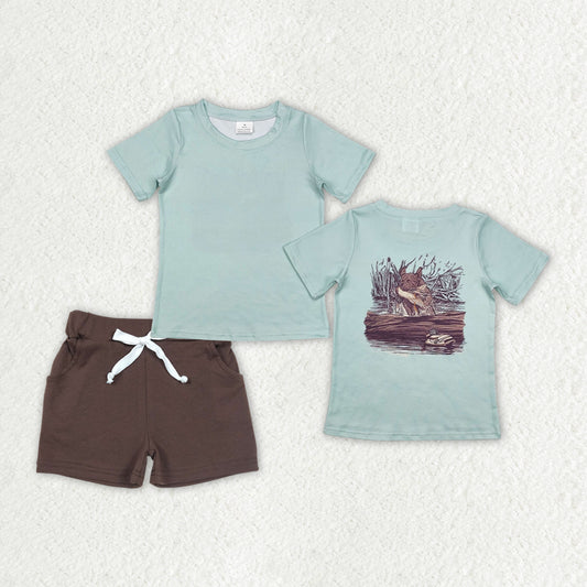 BSSO1200 Duck Hunting Green Top Brown Shorts Boys Summer Clothes Set