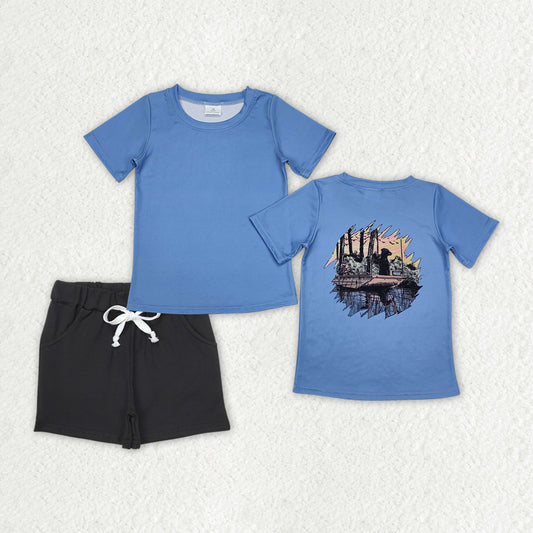 BSSO1201 Dog Hunting Blue Top Black Shorts Boys Summer Clothes Set